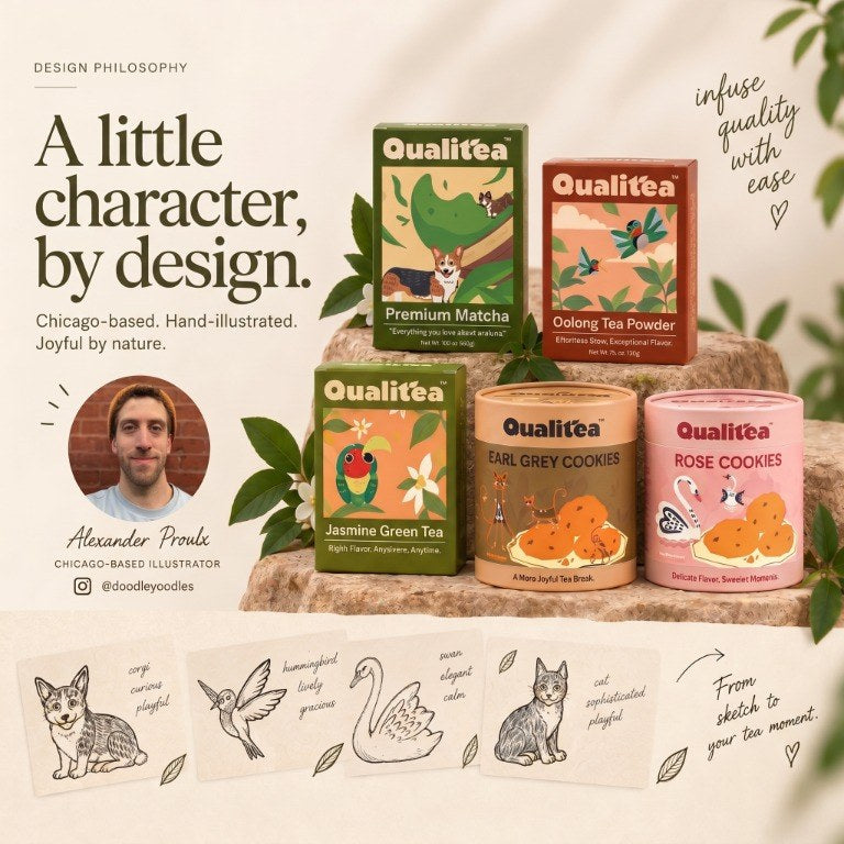 Qualitea packaging with hand-illustrated animal companions
