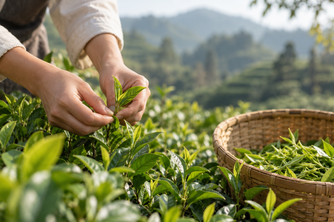 Tea leaves being harvested